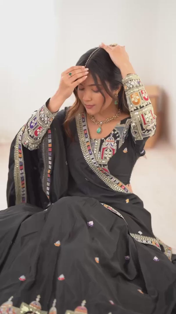 Sequence Embroidery Work Crepe Chinon Black Lehenga Choli For Wedding