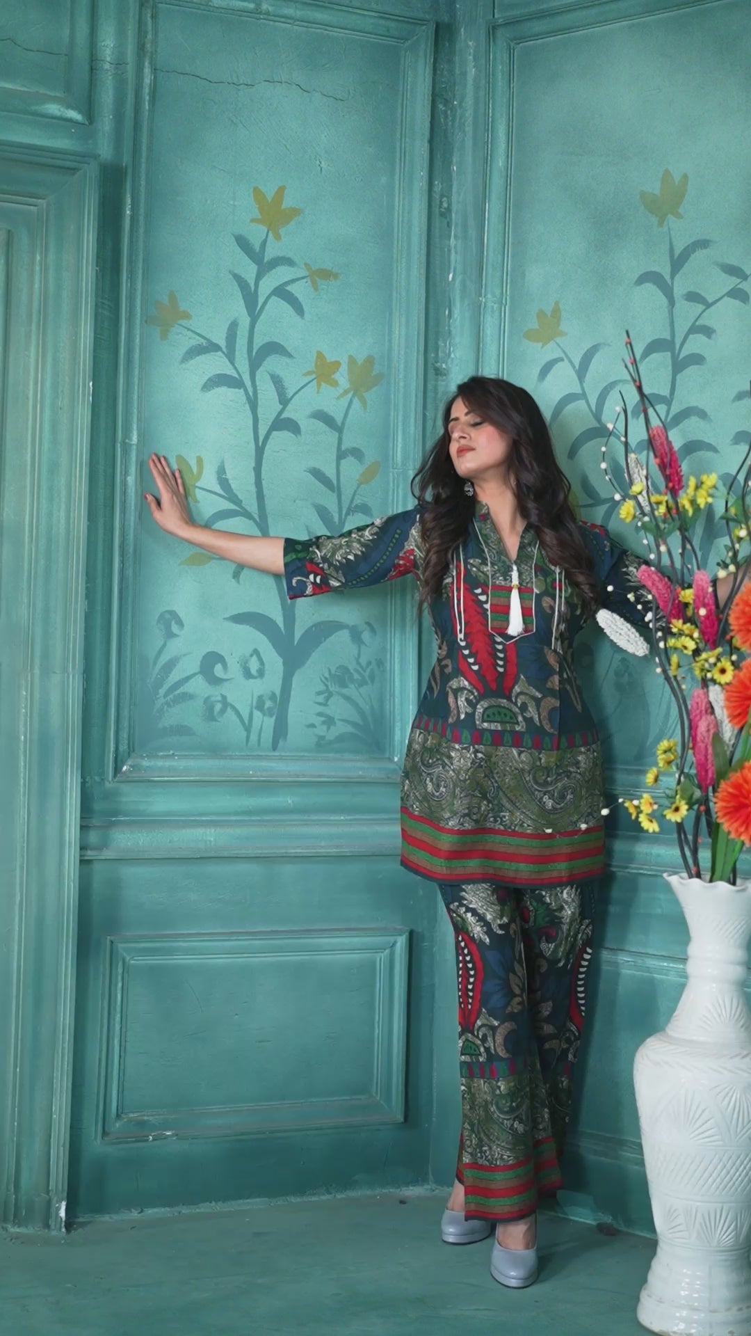 Green Ethnic Print Rayon Co-ord Set for Women | Casual & Festive Wear