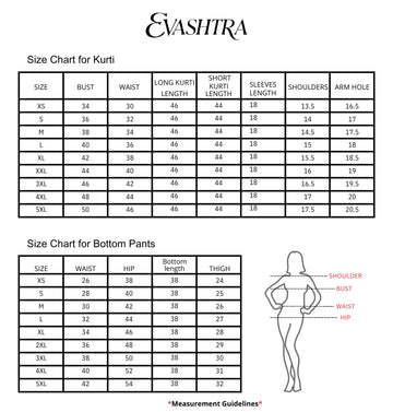 Size chart for kurti and bottom pants with Evashtra branding